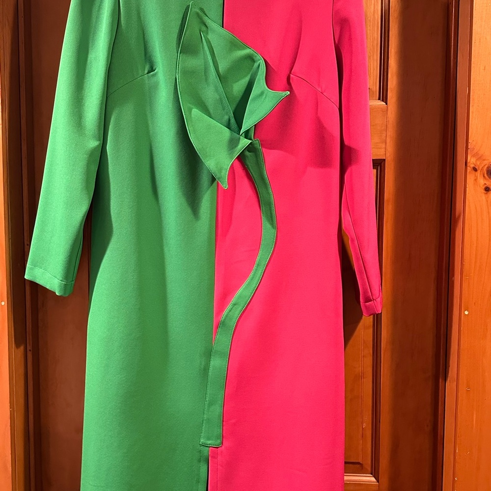 Moldovan Designer Sculpted Flower Vibrant Green & Pink Midi Dress NWOT